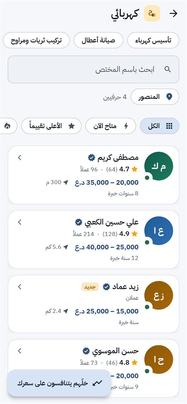 قائمة المختصين بأسعارهم